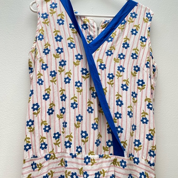 Vintage - 1960’s Blue and White Floral Striped Cotton Sleeveless Romper - Picture 4 of 9